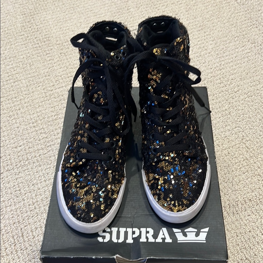 Supra Black and Gold High-Top Sneakers with Sequins